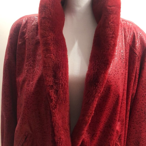 RED LEATHER Jacket lined with Red Rabbit Fur and Red Shearling Color - Picture 5 of 14
